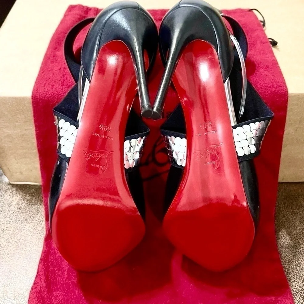 Christian Louboutin Hyper sequin cross strap peep toe Napa leather black EU39.5